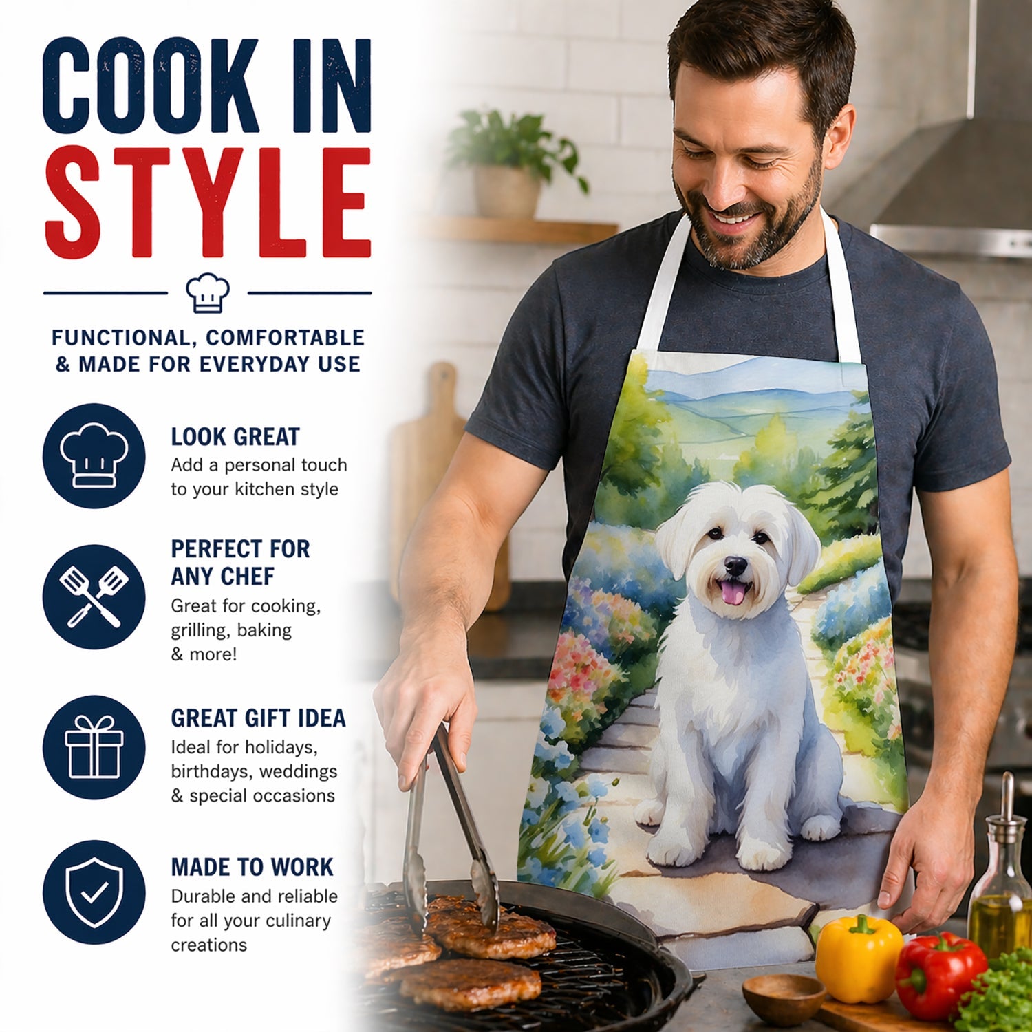 Coton de Tulear Spring Path Apron Cooking Kitchen Server Baking Crafts Gardening for Adult Women Men, Unisex, Large, Multicolor