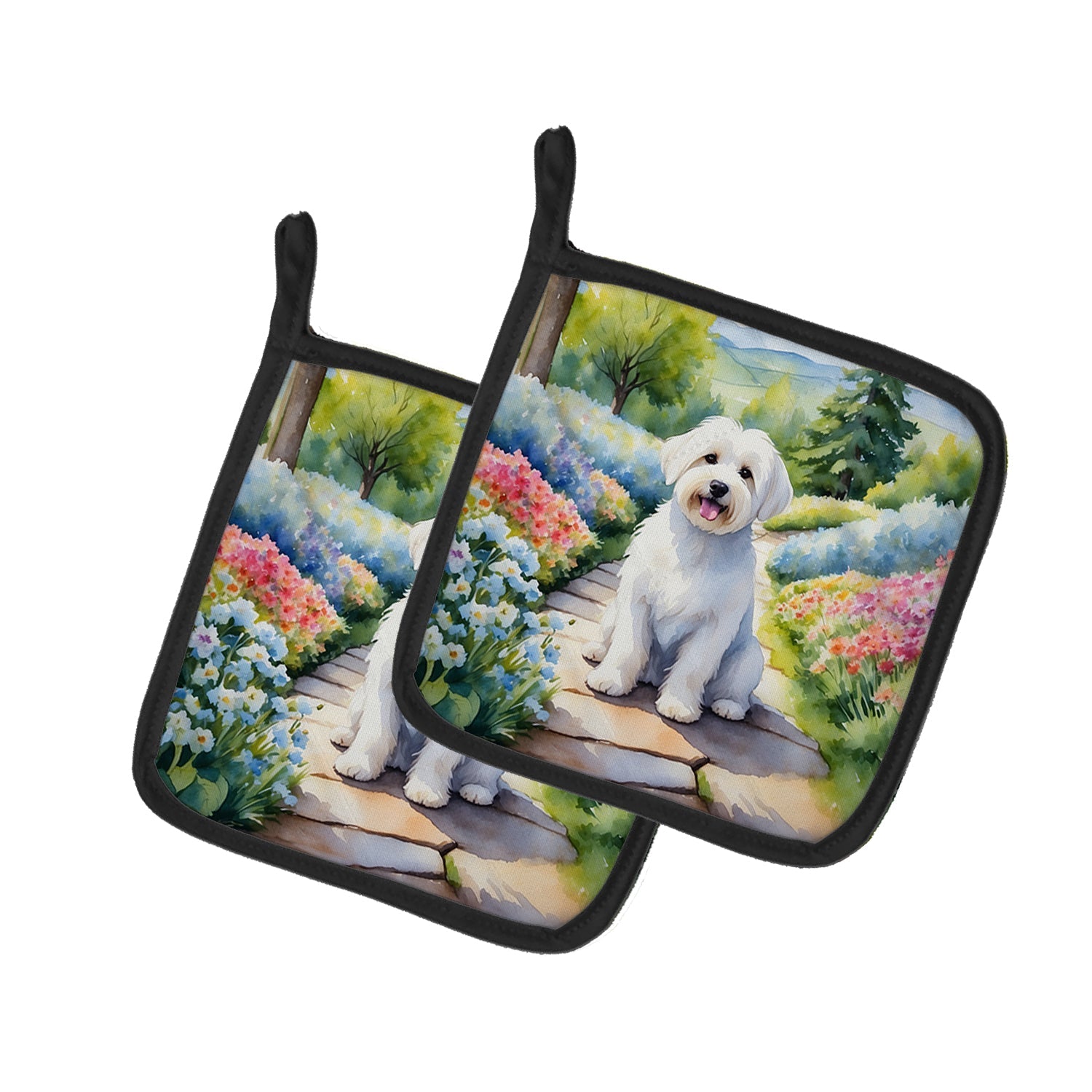 Coton de Tulear Spring Path Pot Holder Set of 2 Heat Resistant Quilted Hot Pads 7.5 x 7.5 Inch, Insulated Kitchen Trivets for Cooking & Baking