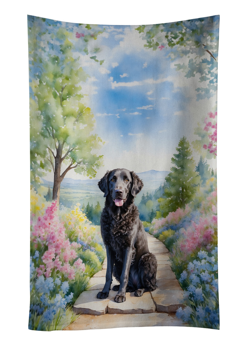 Curly-Coated Retriever Spring Path Kitchen Towel Velour Plush Front and Cotton Loop Back Machine Washable