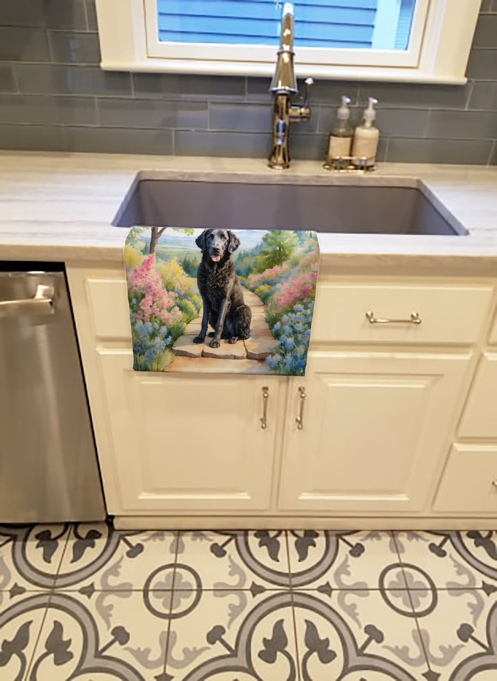 Curly-Coated Retriever Spring Path Kitchen Towel Velour Plush Front and Cotton Loop Back Machine Washable