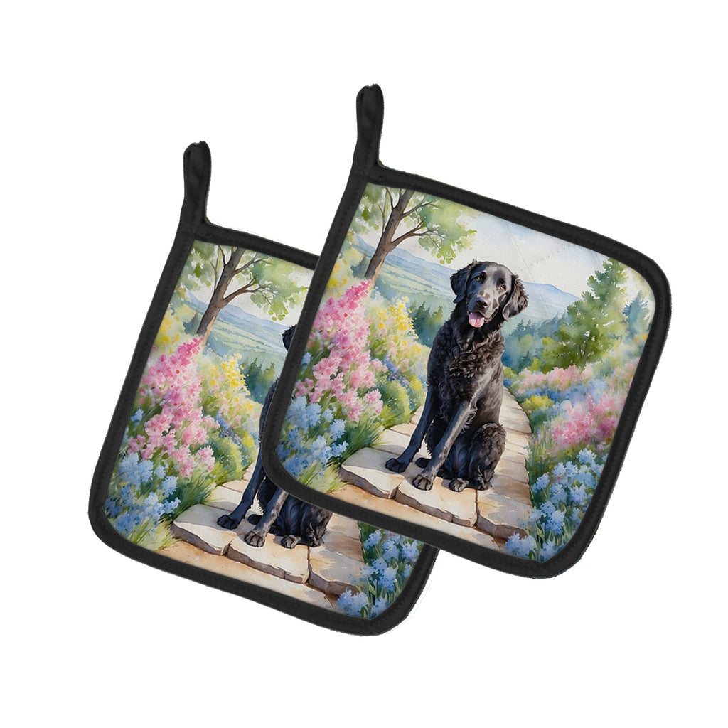 Curly-Coated Retriever Spring Path Pot Holder Set of 2 Heat Resistant Quilted Hot Pads 7.5 x 7.5 Inch, Insulated Kitchen Trivets for Cooking & Baking