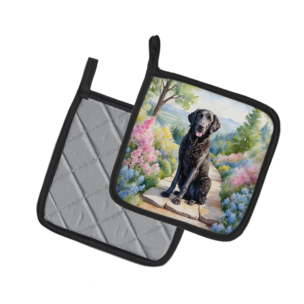 Curly-Coated Retriever Spring Path Pot Holder Set of 2 Heat Resistant Quilted Hot Pads 7.5 x 7.5 Inch, Insulated Kitchen Trivets for Cooking & Baking