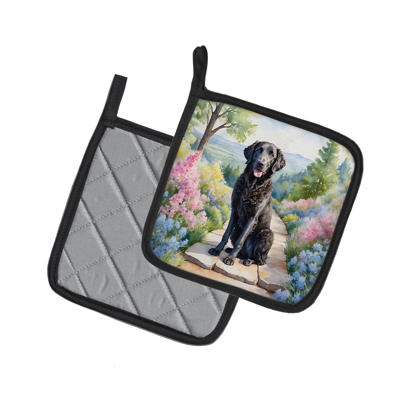 Curly-Coated Retriever Spring Path Pot Holder Set of 2 Heat Resistant Quilted Hot Pads 7.5 x 7.5 Inch, Insulated Kitchen Trivets for Cooking & Baking