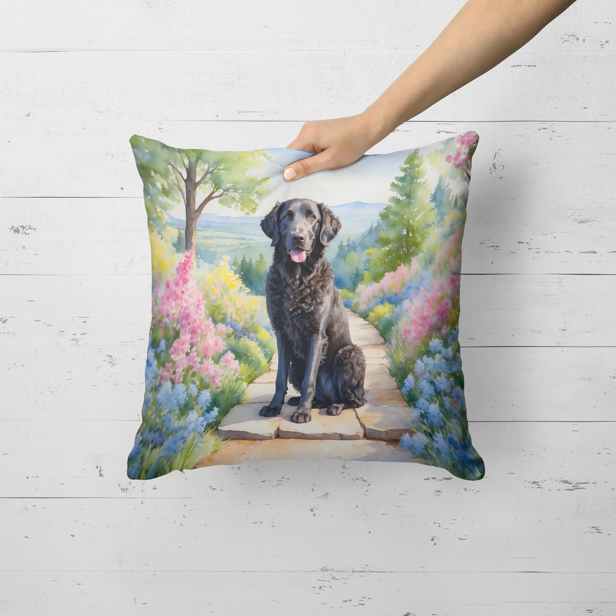 Curly-Coated Retriever Spring Path Decorative Throw Pillow 18x18 Indoor Outdoor Accent Cushion, Fabric Cover with Insert for Sofa, Bed, Porch & Living Room