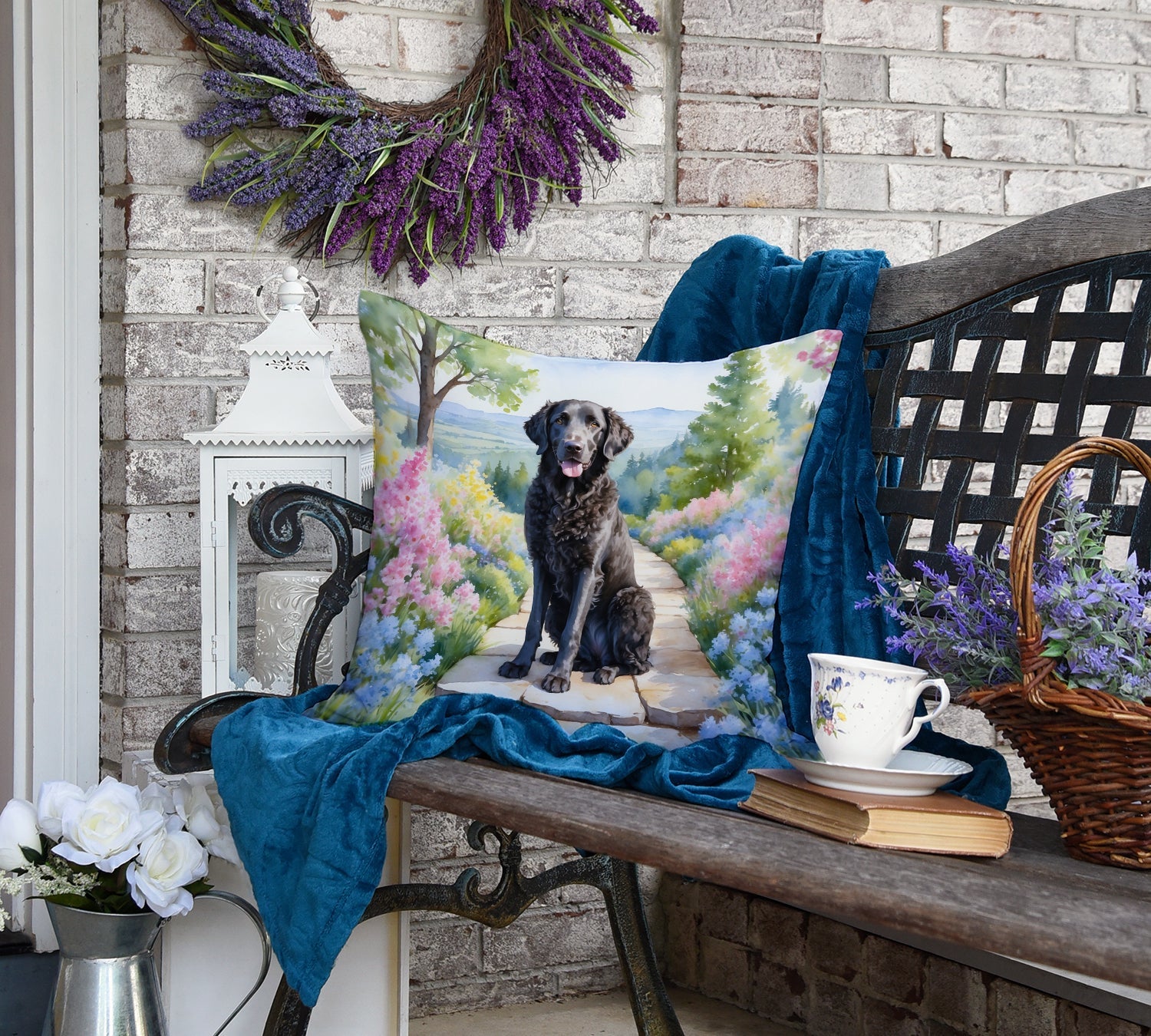Curly-Coated Retriever Spring Path Decorative Throw Pillow 18x18 Indoor Outdoor Accent Cushion, Fabric Cover with Insert for Sofa, Bed, Porch & Living Room