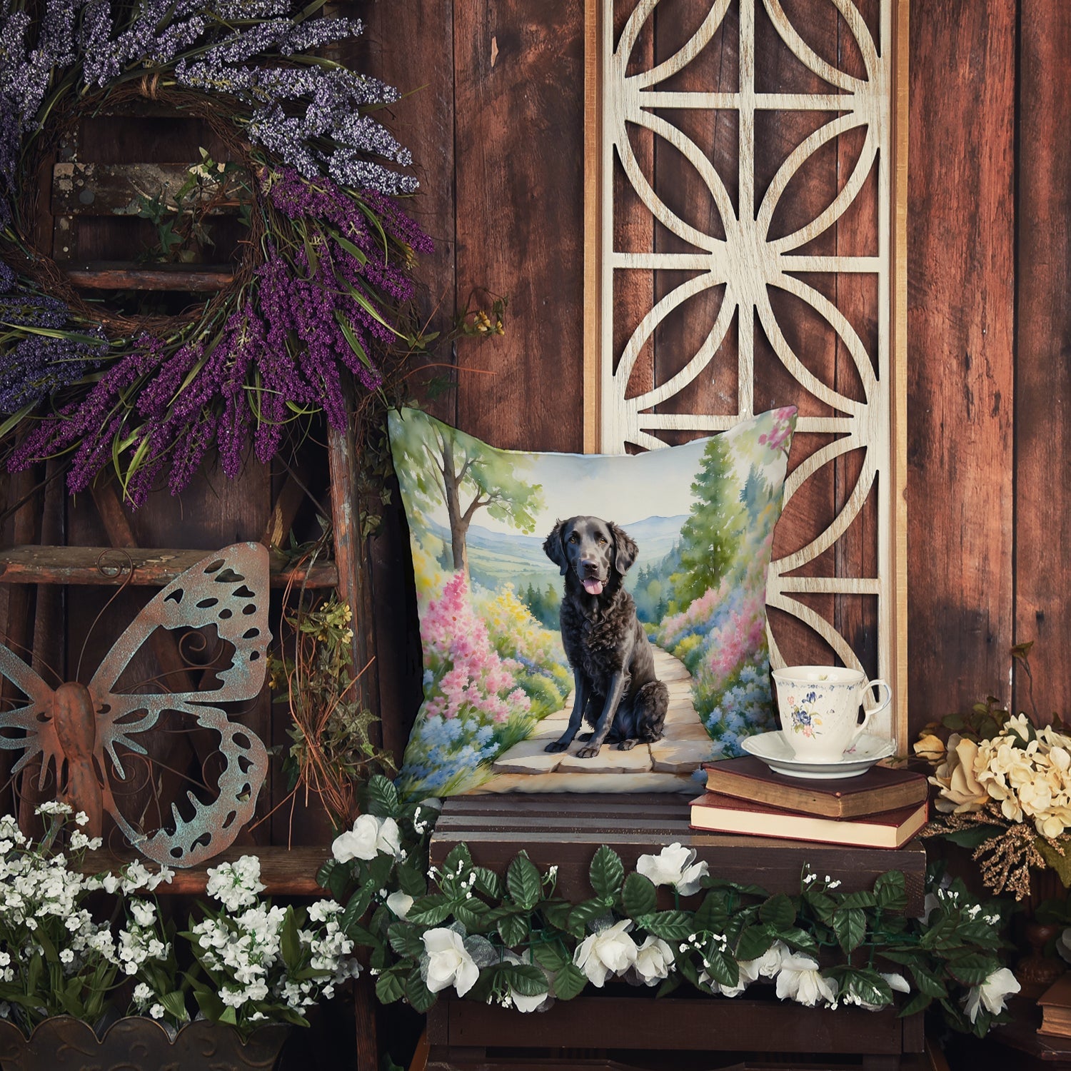 Curly-Coated Retriever Spring Path Decorative Throw Pillow 18x18 Indoor Outdoor Accent Cushion, Fabric Cover with Insert for Sofa, Bed, Porch & Living Room