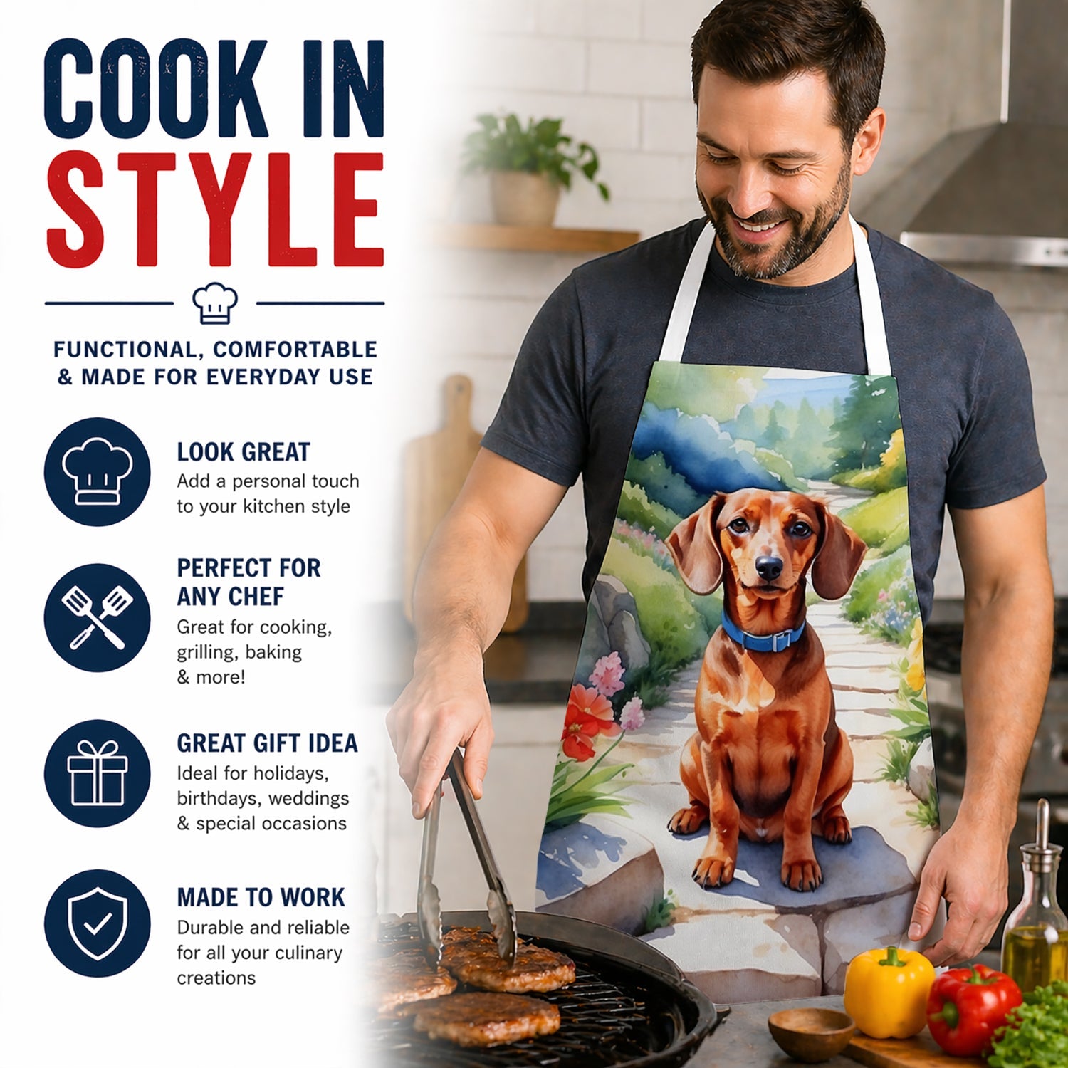 Dachshund Spring Path Apron Cooking Kitchen Server Baking Crafts Gardening for Adult Women Men, Unisex, Large, Multicolor