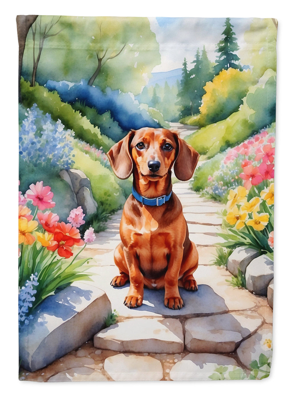 Dachshund Spring Path House Flag 28x40 Porch Sleeve Pole Decorative Outside Yard Banner Artwork Wall Hanging, Polyester