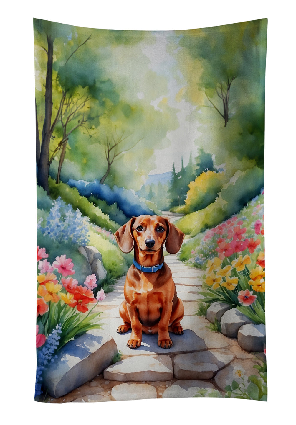 Dachshund Spring Path Kitchen Towel Velour Plush Front and Cotton Loop Back Machine Washable