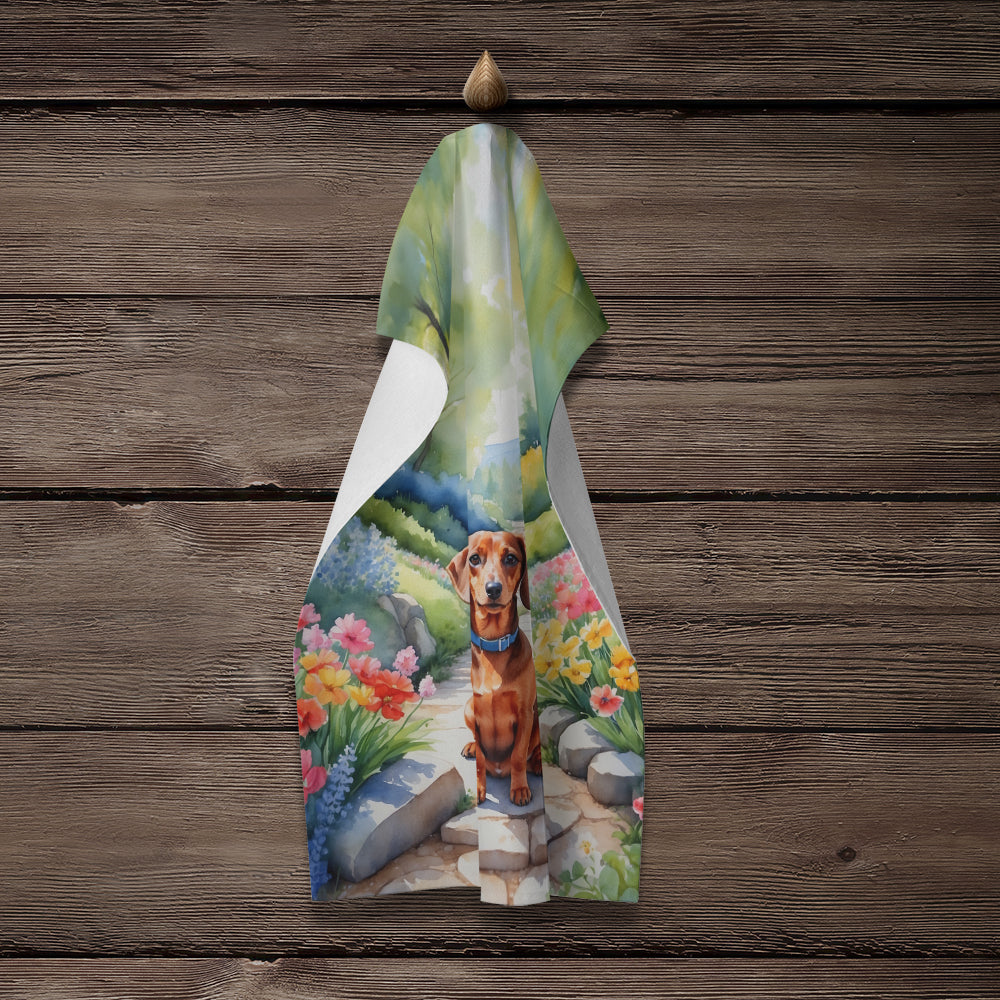 Dachshund Spring Path Kitchen Towel Velour Plush Front and Cotton Loop Back Machine Washable