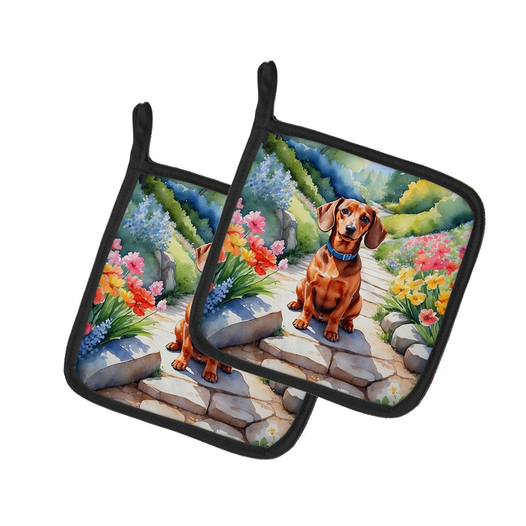 Dachshund Spring Path Pot Holder Set of 2 Heat Resistant Quilted Hot Pads 7.5 x 7.5 Inch, Insulated Kitchen Trivets for Cooking & Baking