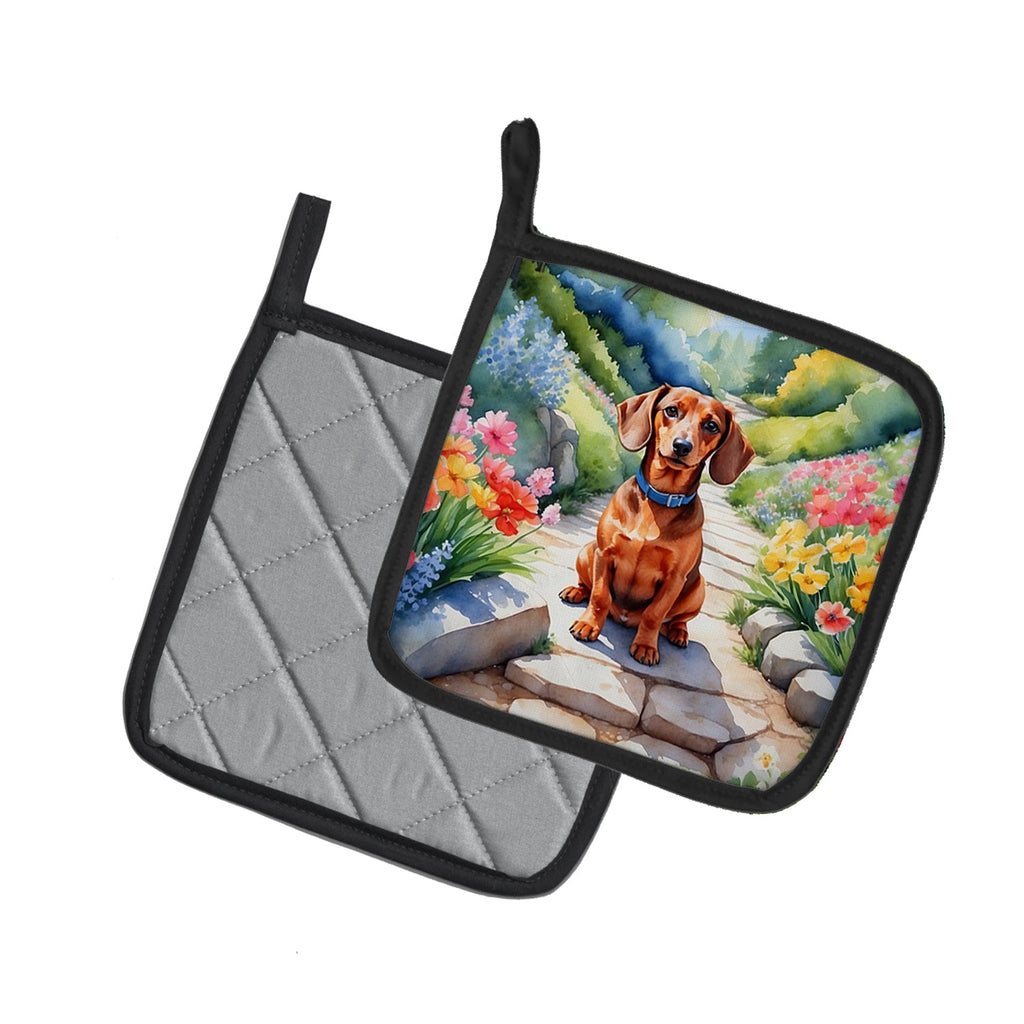 Dachshund Spring Path Pot Holder Set of 2 Heat Resistant Quilted Hot Pads 7.5 x 7.5 Inch, Insulated Kitchen Trivets for Cooking & Baking