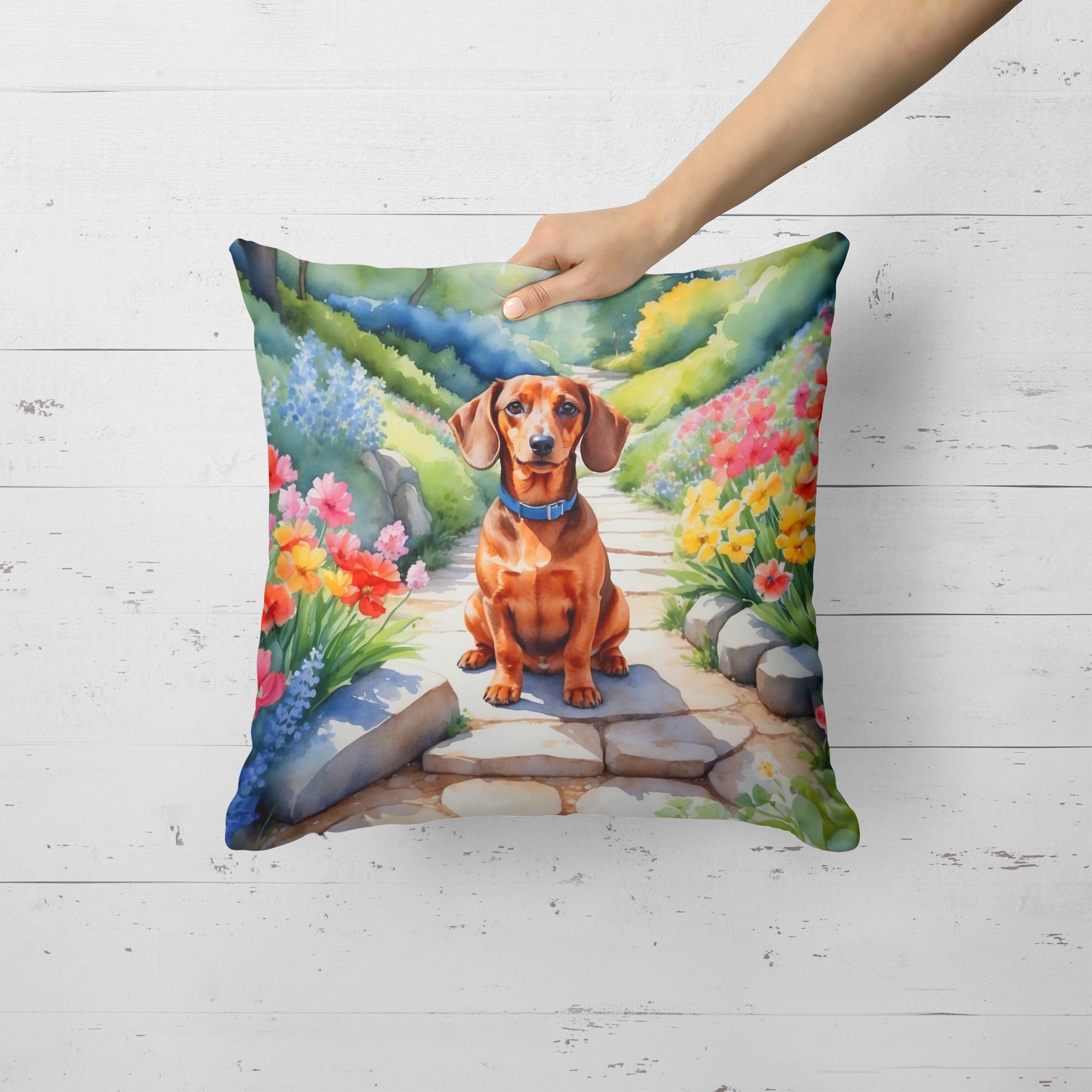 Dachshund Spring Path Decorative Throw Pillow 18x18 Indoor Outdoor Accent Cushion, Fabric Cover with Insert for Sofa, Bed, Porch & Living Room
