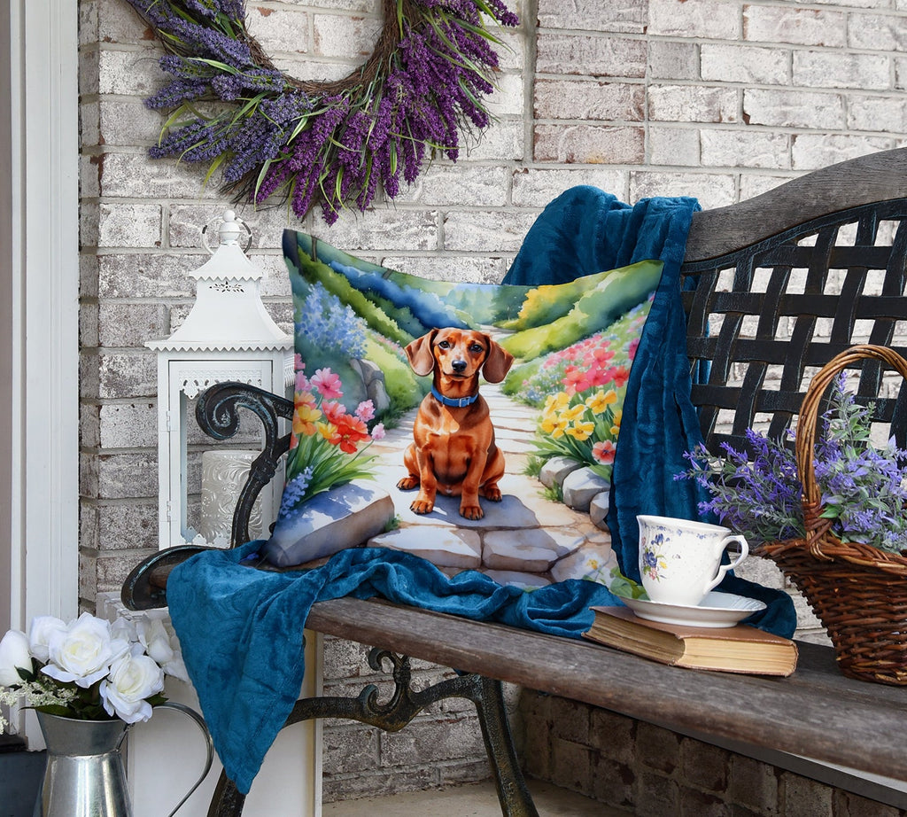 Dachshund Spring Path Decorative Throw Pillow 18x18 Indoor Outdoor Accent Cushion, Fabric Cover with Insert for Sofa, Bed, Porch & Living Room