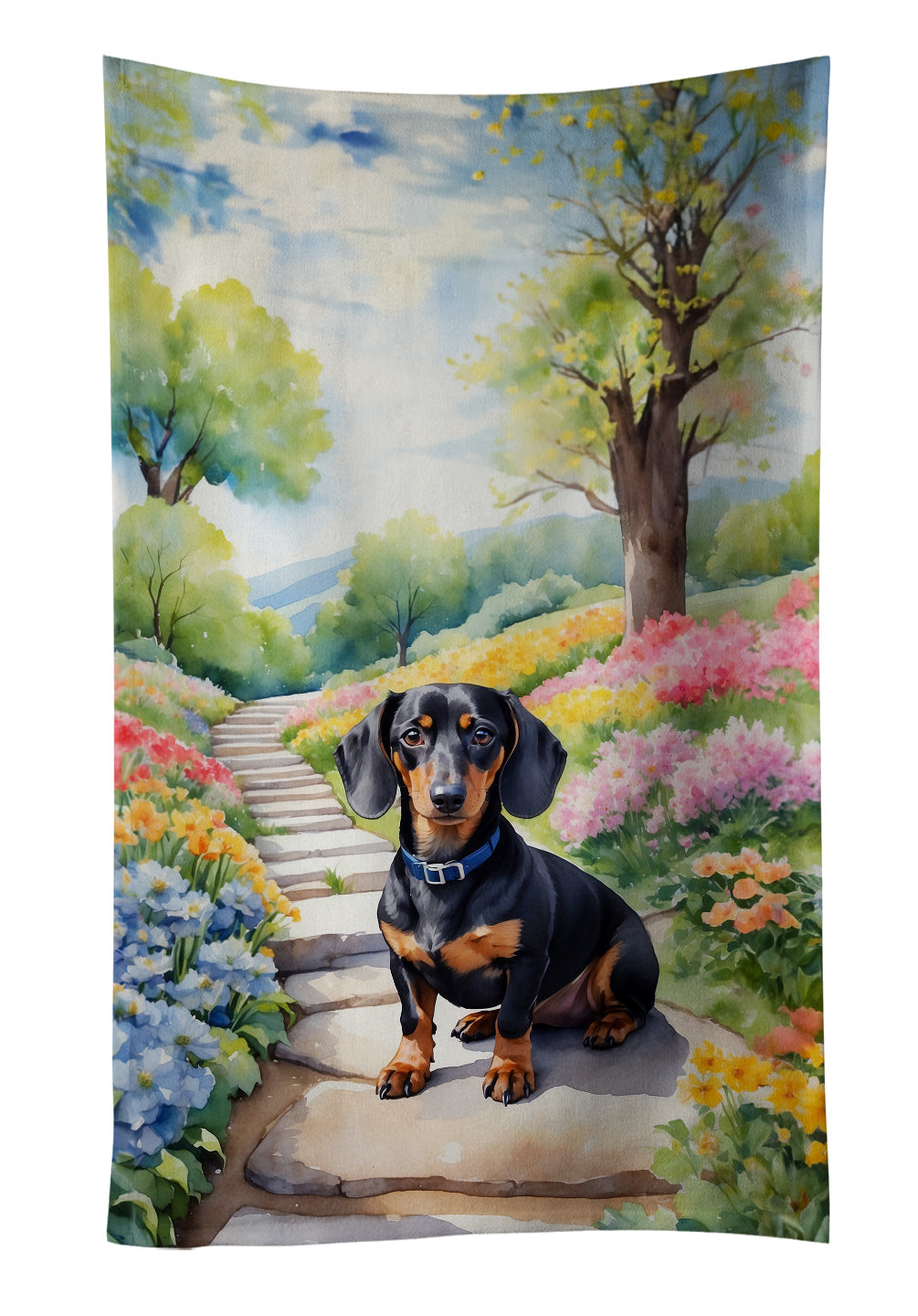 Dachshund Spring Path Kitchen Towel Velour Plush Front and Cotton Loop Back Machine Washable