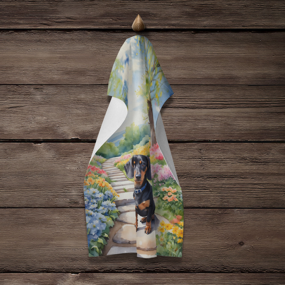 Dachshund Spring Path Kitchen Towel Velour Plush Front and Cotton Loop Back Machine Washable