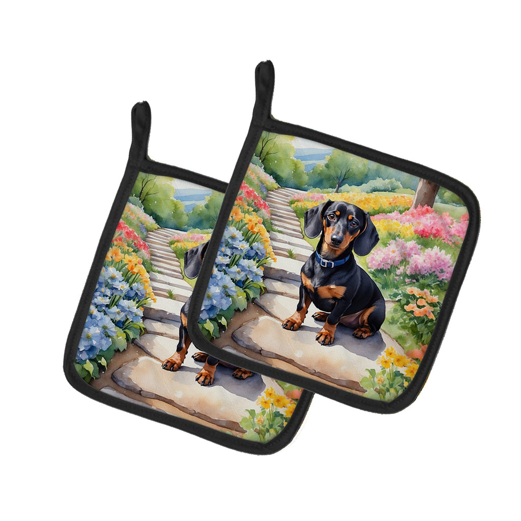 Dachshund Spring Path Pot Holder Set of 2 Heat Resistant Quilted Hot Pads 7.5 x 7.5 Inch, Insulated Kitchen Trivets for Cooking & Baking