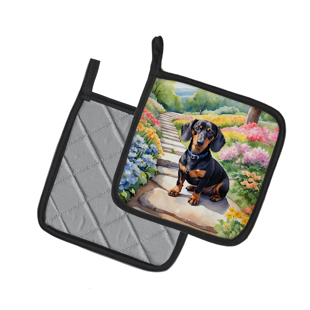 Dachshund Spring Path Pot Holder Set of 2 Heat Resistant Quilted Hot Pads 7.5 x 7.5 Inch, Insulated Kitchen Trivets for Cooking & Baking