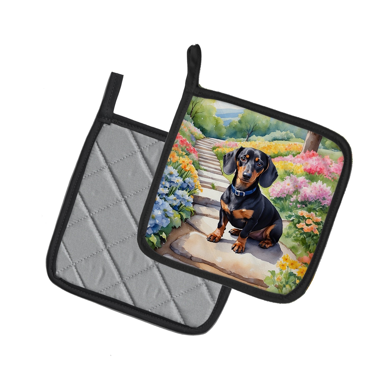 Dachshund Spring Path Pot Holder Set of 2 Heat Resistant Quilted Hot Pads 7.5 x 7.5 Inch, Insulated Kitchen Trivets for Cooking & Baking