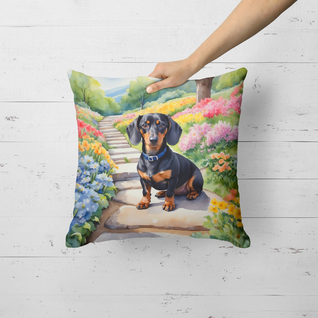Dachshund Spring Path Decorative Throw Pillow 18x18 Indoor Outdoor Accent Cushion, Fabric Cover with Insert for Sofa, Bed, Porch & Living Room