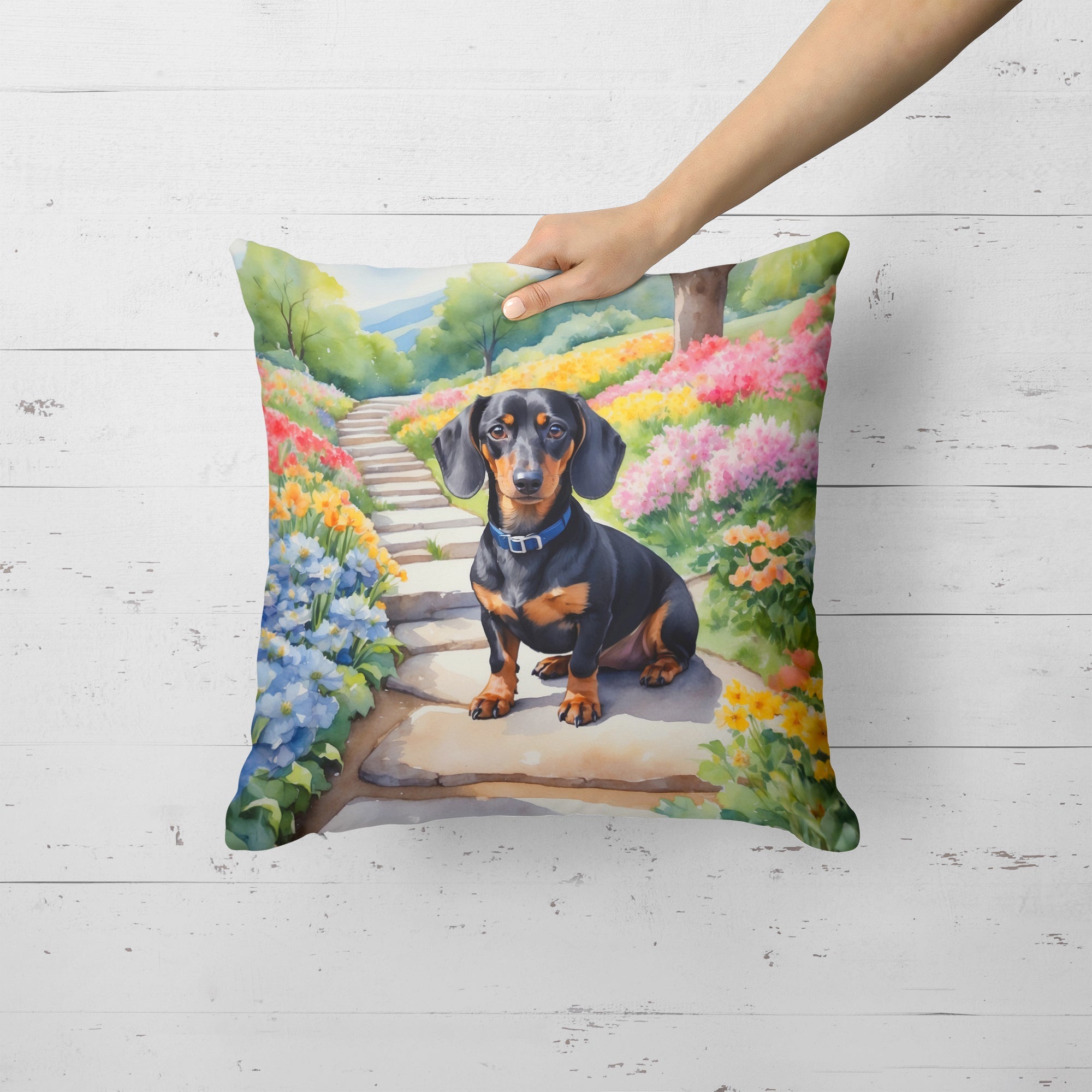 Dachshund Spring Path Decorative Throw Pillow 18x18 Indoor Outdoor Accent Cushion, Fabric Cover with Insert for Sofa, Bed, Porch & Living Room