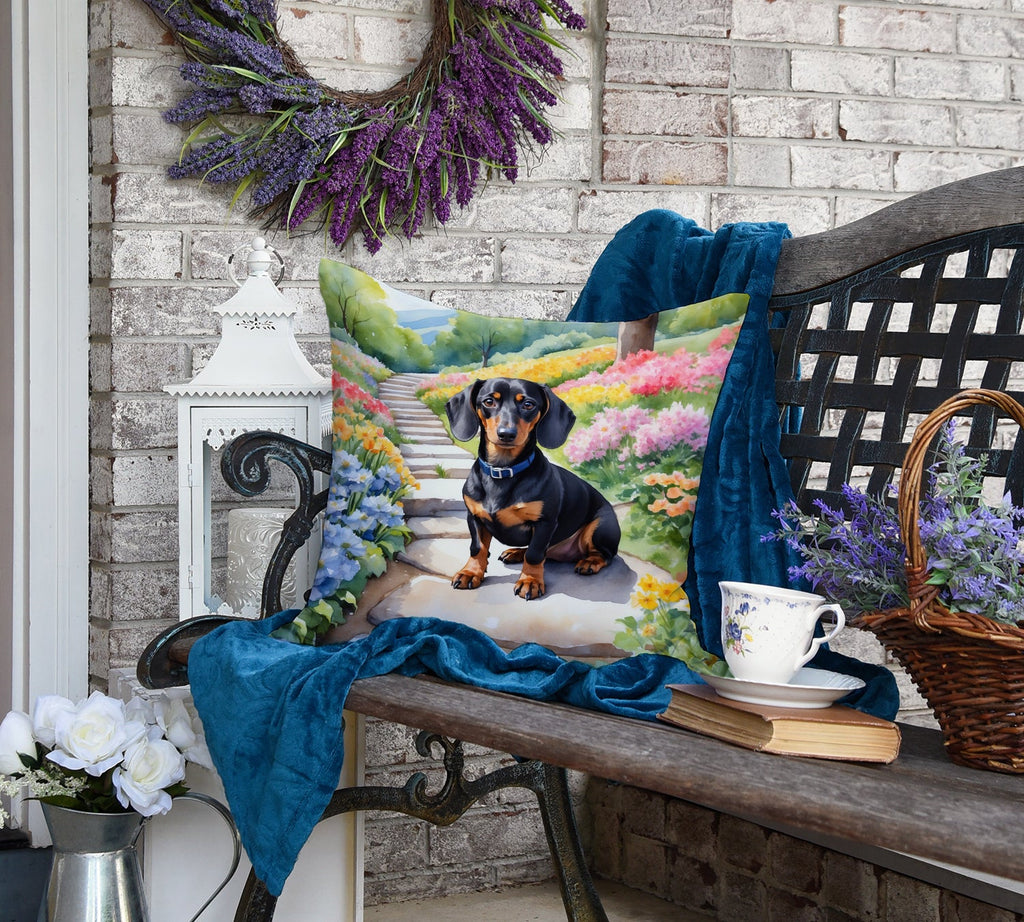 Dachshund Spring Path Decorative Throw Pillow 18x18 Indoor Outdoor Accent Cushion, Fabric Cover with Insert for Sofa, Bed, Porch & Living Room