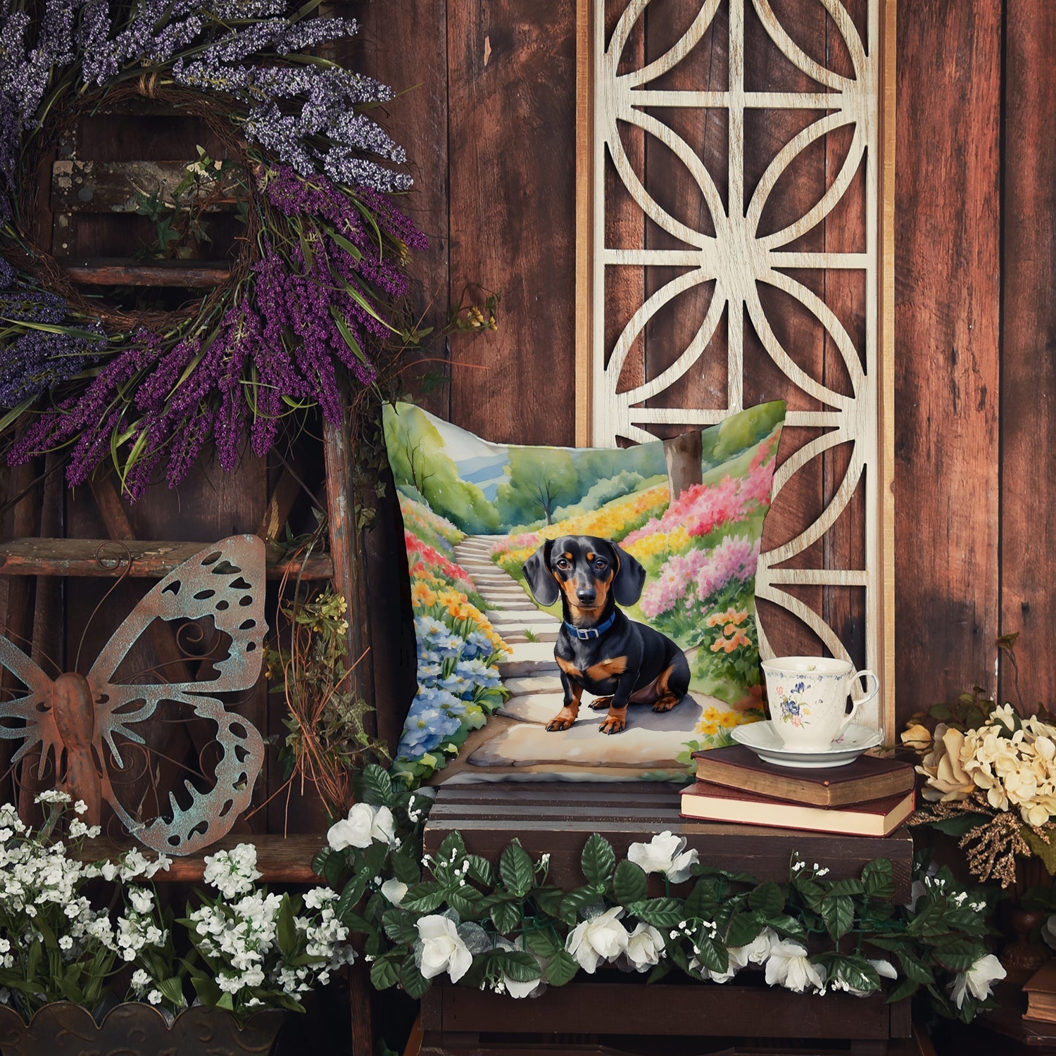 Dachshund Spring Path Decorative Throw Pillow 18x18 Indoor Outdoor Accent Cushion, Fabric Cover with Insert for Sofa, Bed, Porch & Living Room