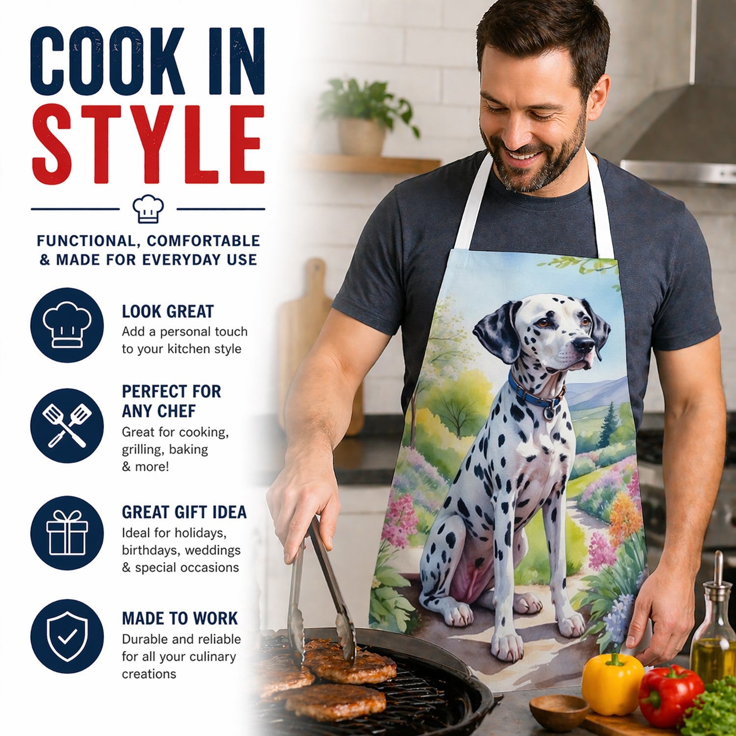 Dalmatian Spring Path Apron Cooking Kitchen Server Baking Crafts Gardening for Adult Women Men, Unisex, Large, Multicolor