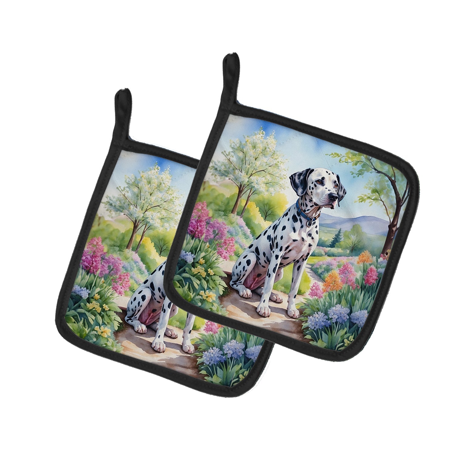 Dalmatian Spring Path Pot Holder Set of 2 Heat Resistant Quilted Hot Pads 7.5 x 7.5 Inch, Insulated Kitchen Trivets for Cooking & Baking