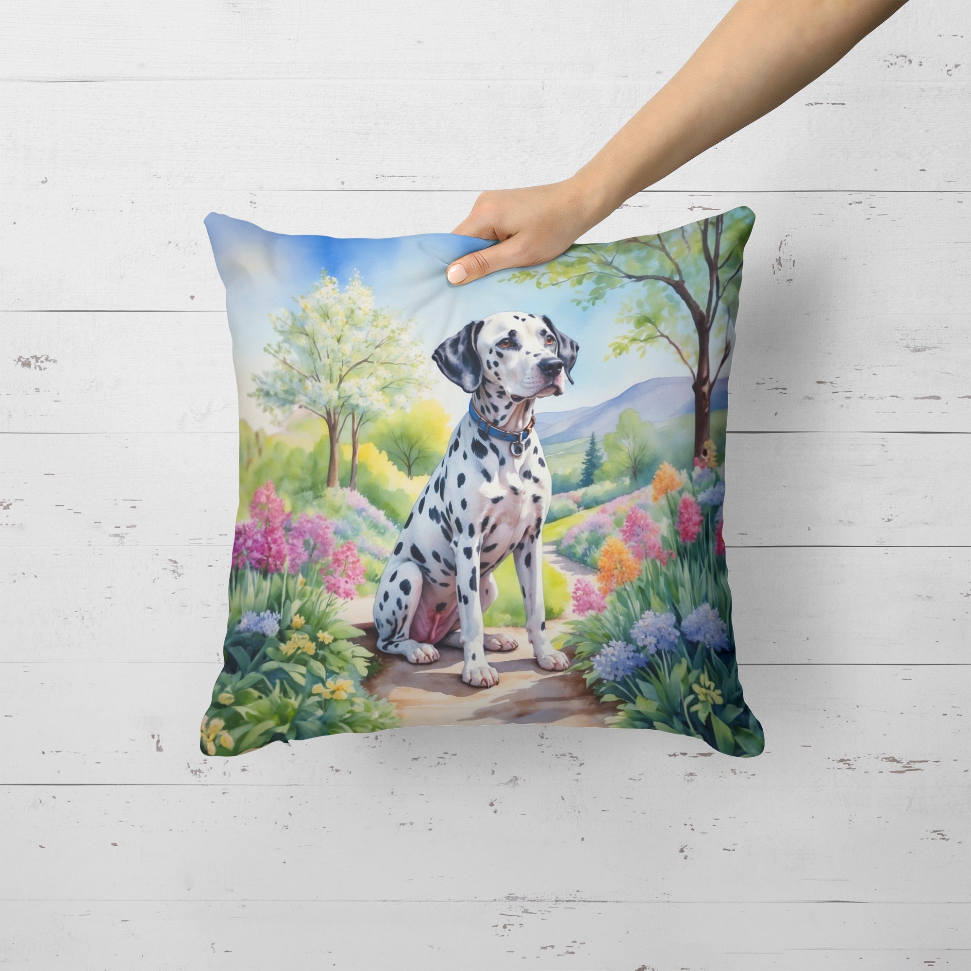 Dalmatian Spring Path Decorative Throw Pillow 18x18 Indoor Outdoor Accent Cushion, Fabric Cover with Insert for Sofa, Bed, Porch & Living Room
