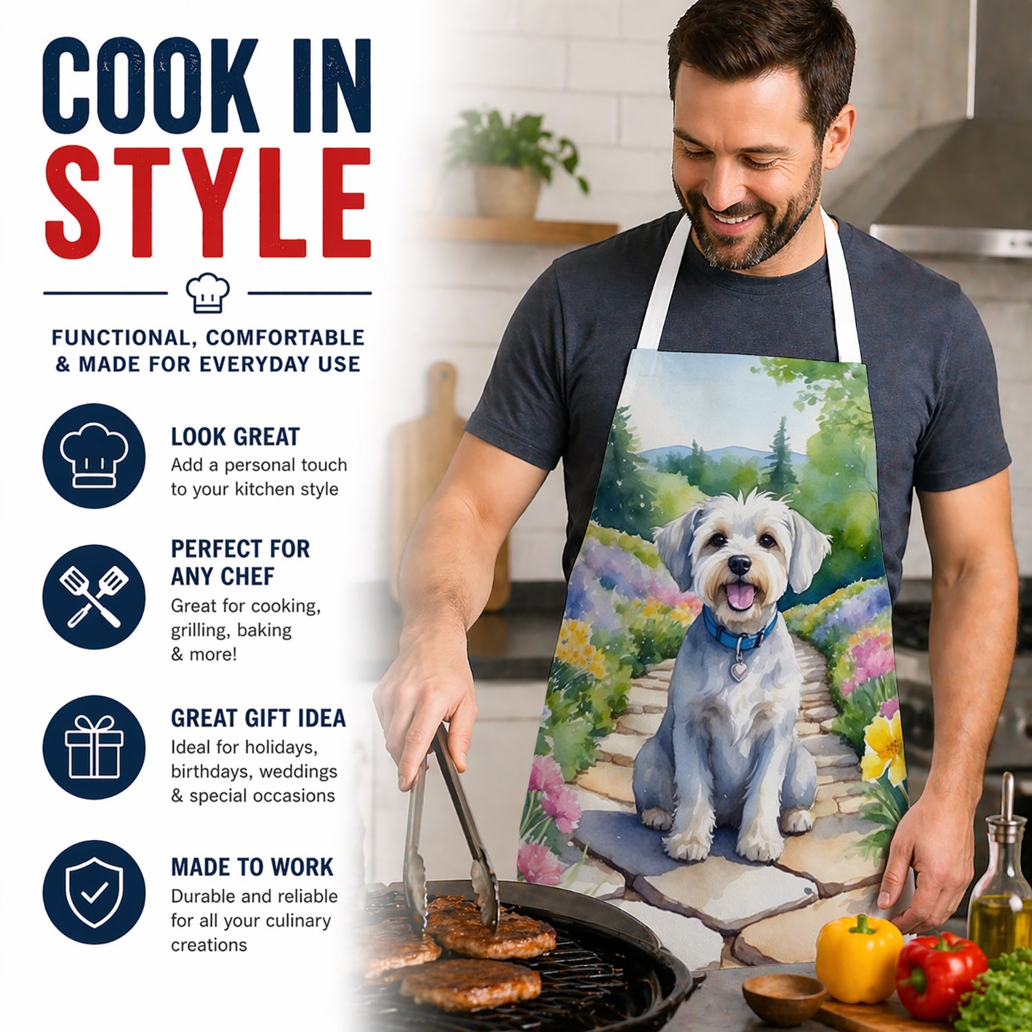 Dandie Dinmont Terrier Spring Path Apron Cooking Kitchen Server Baking Crafts Gardening for Adult Women Men, Unisex, Large, Multicolor