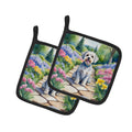 Dandie Dinmont Terrier Spring Path Pot Holder Set of 2 Heat Resistant Quilted Hot Pads 7.5 x 7.5 Inch, Insulated Kitchen Trivets for Cooking & Baking