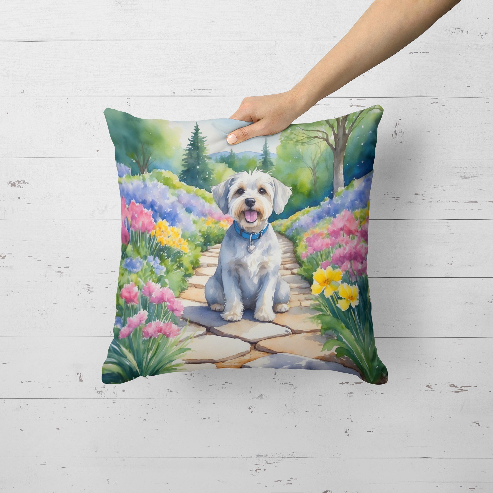 Dandie Dinmont Terrier Spring Path Decorative Throw Pillow 18x18 Indoor Outdoor Accent Cushion, Fabric Cover with Insert for Sofa, Bed, Porch & Living Room