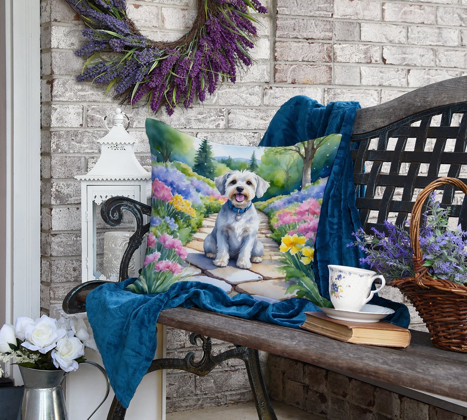 Dandie Dinmont Terrier Spring Path Decorative Throw Pillow 18x18 Indoor Outdoor Accent Cushion, Fabric Cover with Insert for Sofa, Bed, Porch & Living Room