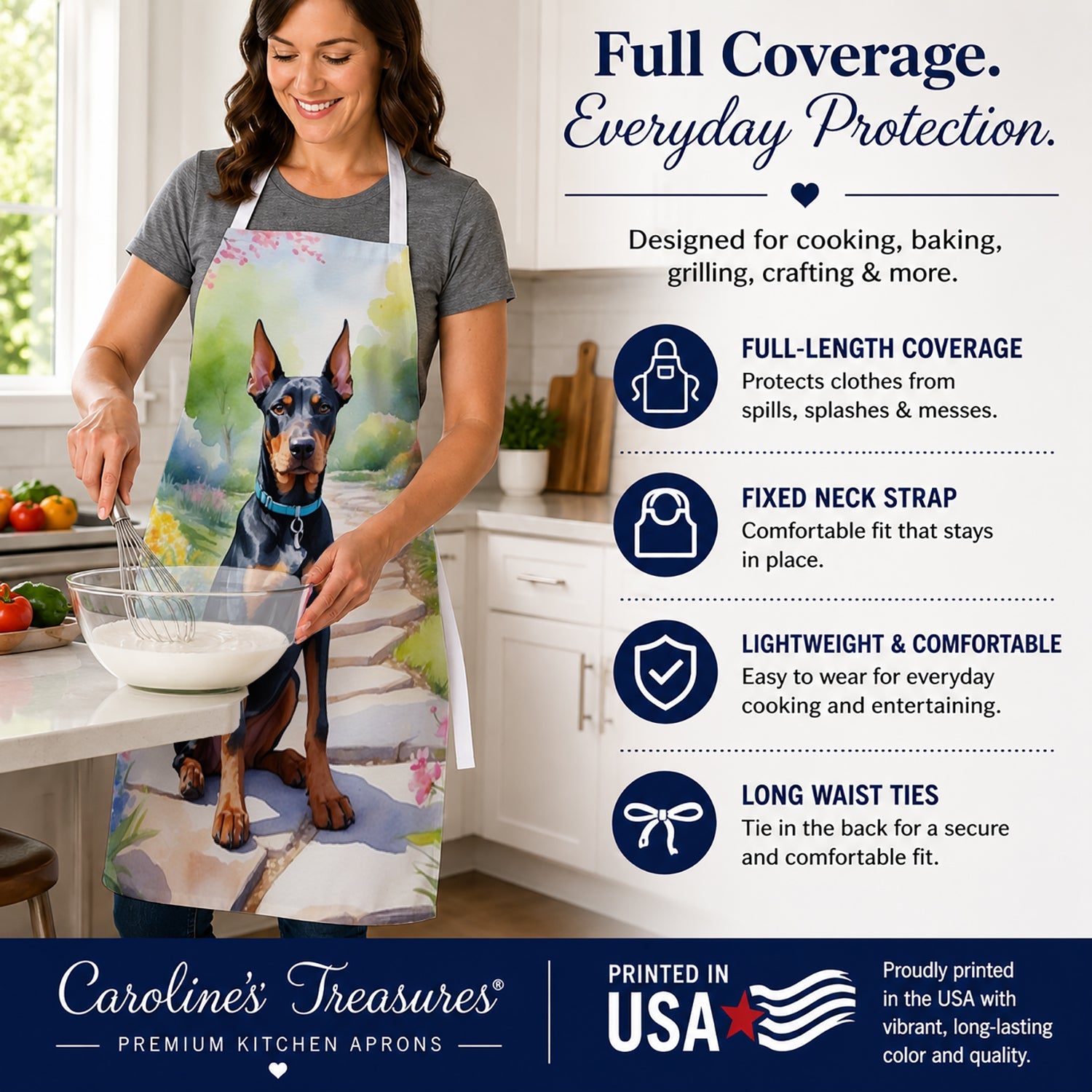Doberman Pinscher Spring Path Apron Cooking Kitchen Server Baking Crafts Gardening for Adult Women Men, Unisex, Large, Multicolor