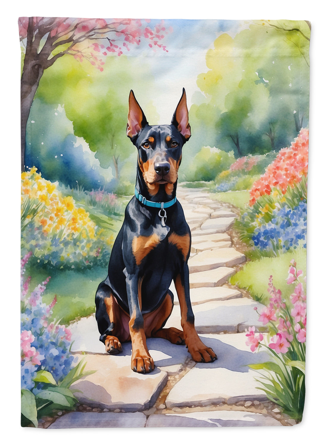 Doberman Pinscher Spring Path House Flag 28x40 Porch Sleeve Pole Decorative Outside Yard Banner Artwork Wall Hanging, Polyester