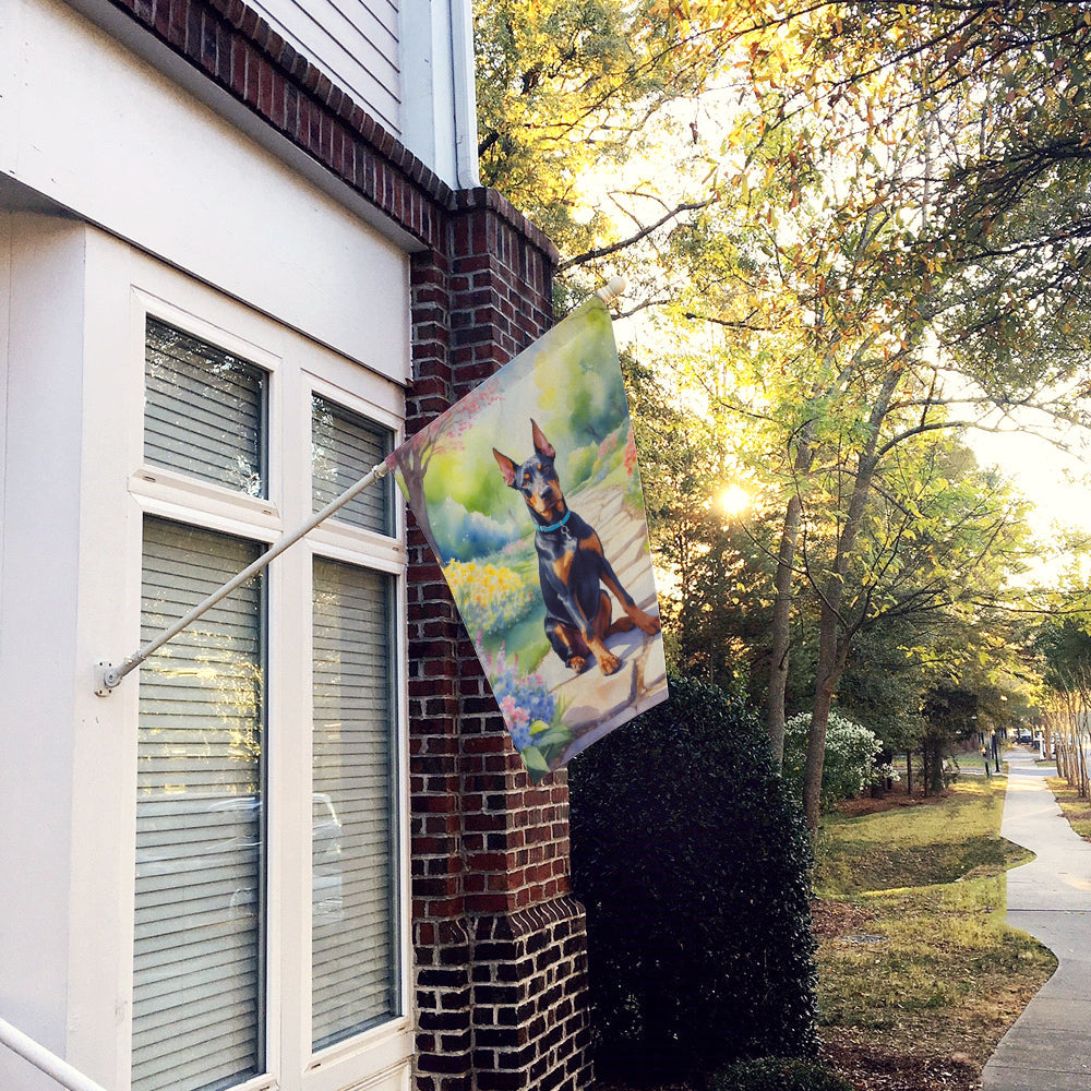 Doberman Pinscher Spring Path House Flag 28x40 Porch Sleeve Pole Decorative Outside Yard Banner Artwork Wall Hanging, Polyester