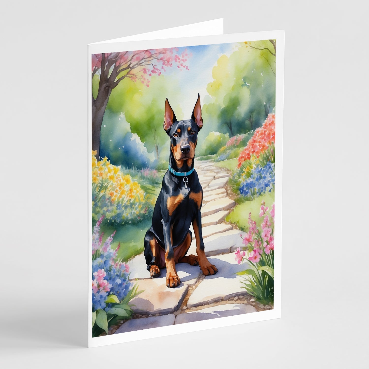 Doberman Pinscher Spring Path Greeting Cards Pack of 8 Blank Cards with Envelopes Whimsical A7 Size 5x7