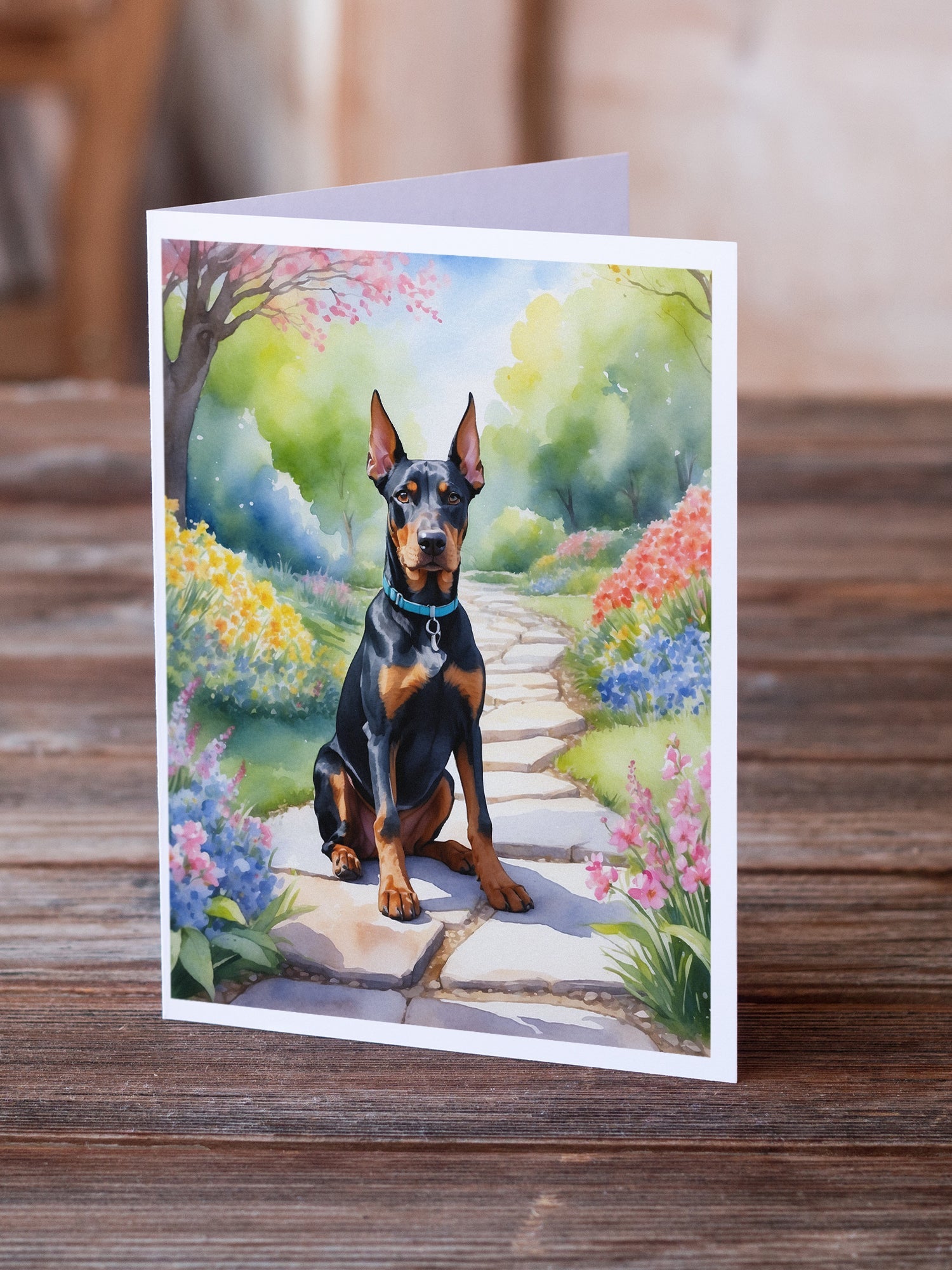 Doberman Pinscher Spring Path Greeting Cards Pack of 8 Blank Cards with Envelopes Whimsical A7 Size 5x7
