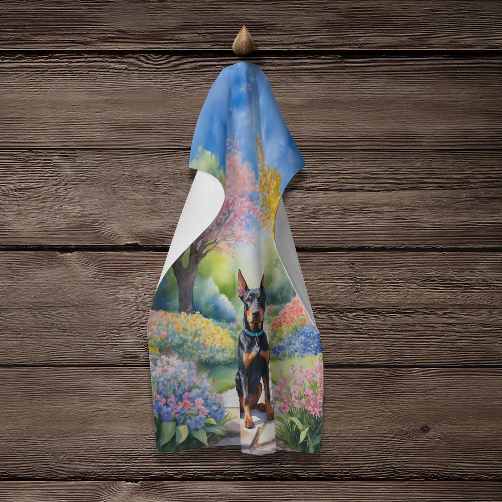 Doberman Pinscher Spring Path Kitchen Towel Velour Plush Front and Cotton Loop Back Machine Washable