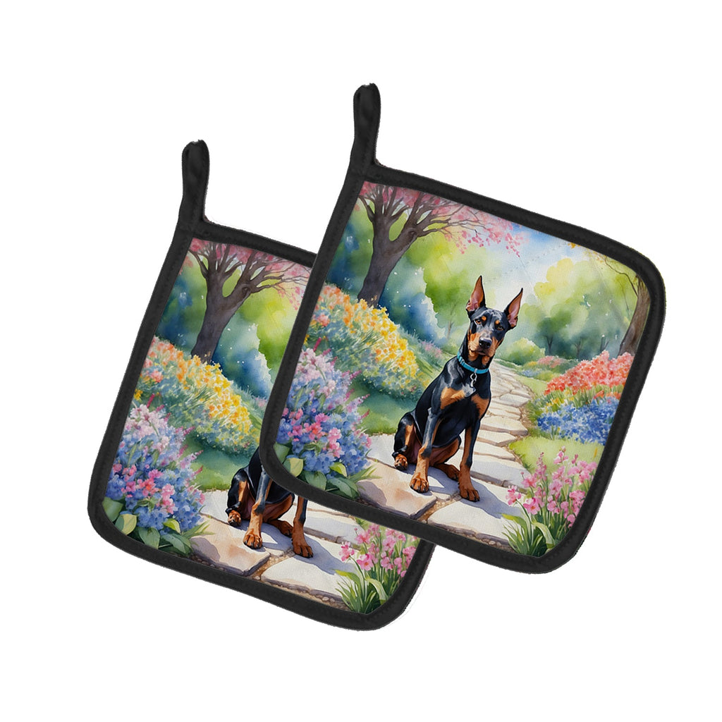 Doberman Pinscher Spring Path Pot Holder Set of 2 Heat Resistant Quilted Hot Pads 7.5 x 7.5 Inch, Insulated Kitchen Trivets for Cooking & Baking