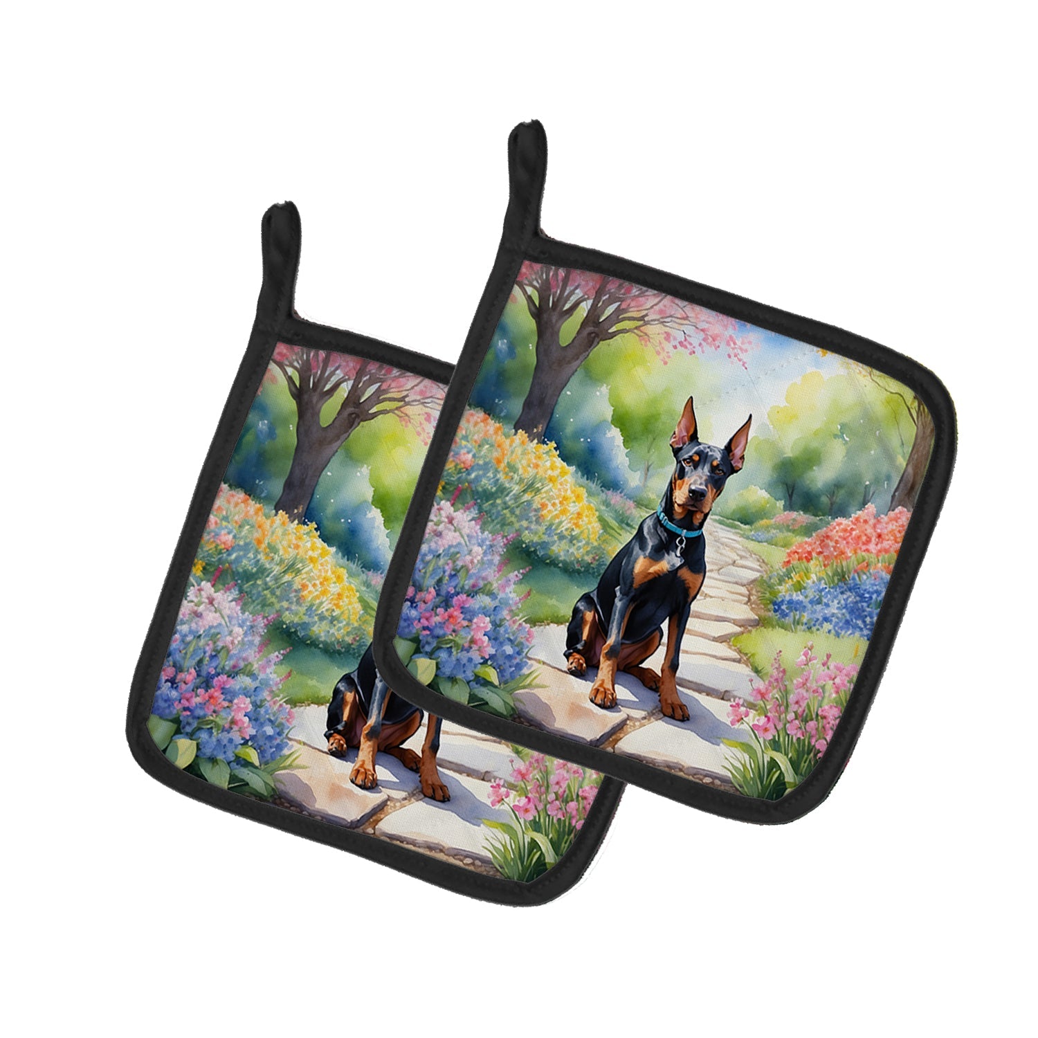 Doberman Pinscher Spring Path Pot Holder Set of 2 Heat Resistant Quilted Hot Pads 7.5 x 7.5 Inch, Insulated Kitchen Trivets for Cooking & Baking