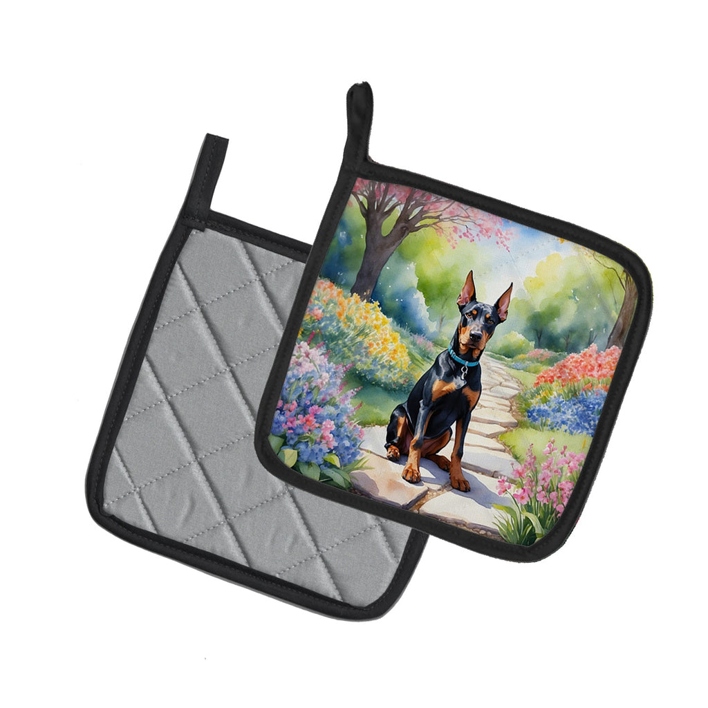 Doberman Pinscher Spring Path Pot Holder Set of 2 Heat Resistant Quilted Hot Pads 7.5 x 7.5 Inch, Insulated Kitchen Trivets for Cooking & Baking