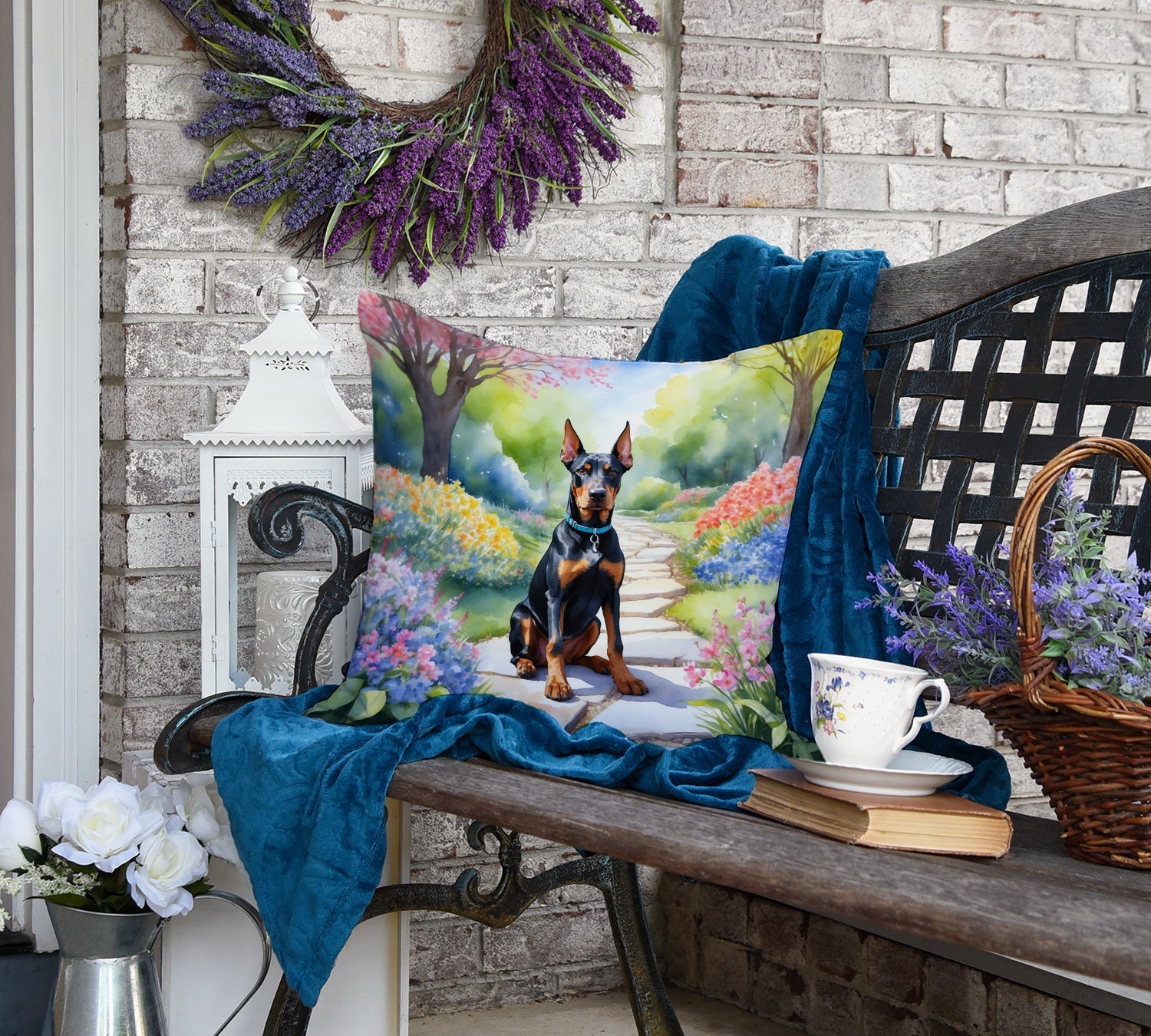 Doberman Pinscher Spring Path Decorative Throw Pillow 18x18 Indoor Outdoor Accent Cushion, Fabric Cover with Insert for Sofa, Bed, Porch & Living Room