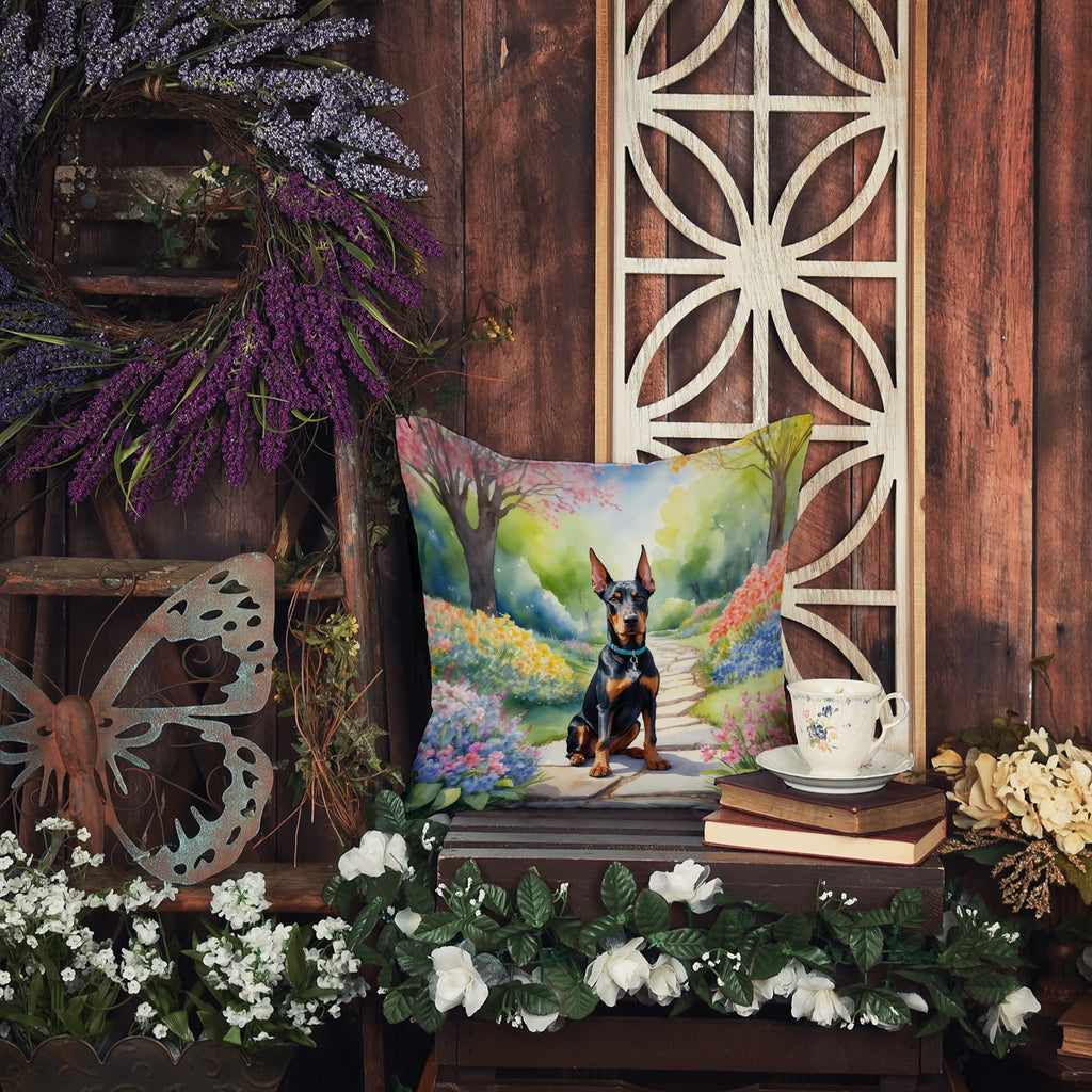 Doberman Pinscher Spring Path Decorative Throw Pillow 18x18 Indoor Outdoor Accent Cushion, Fabric Cover with Insert for Sofa, Bed, Porch & Living Room