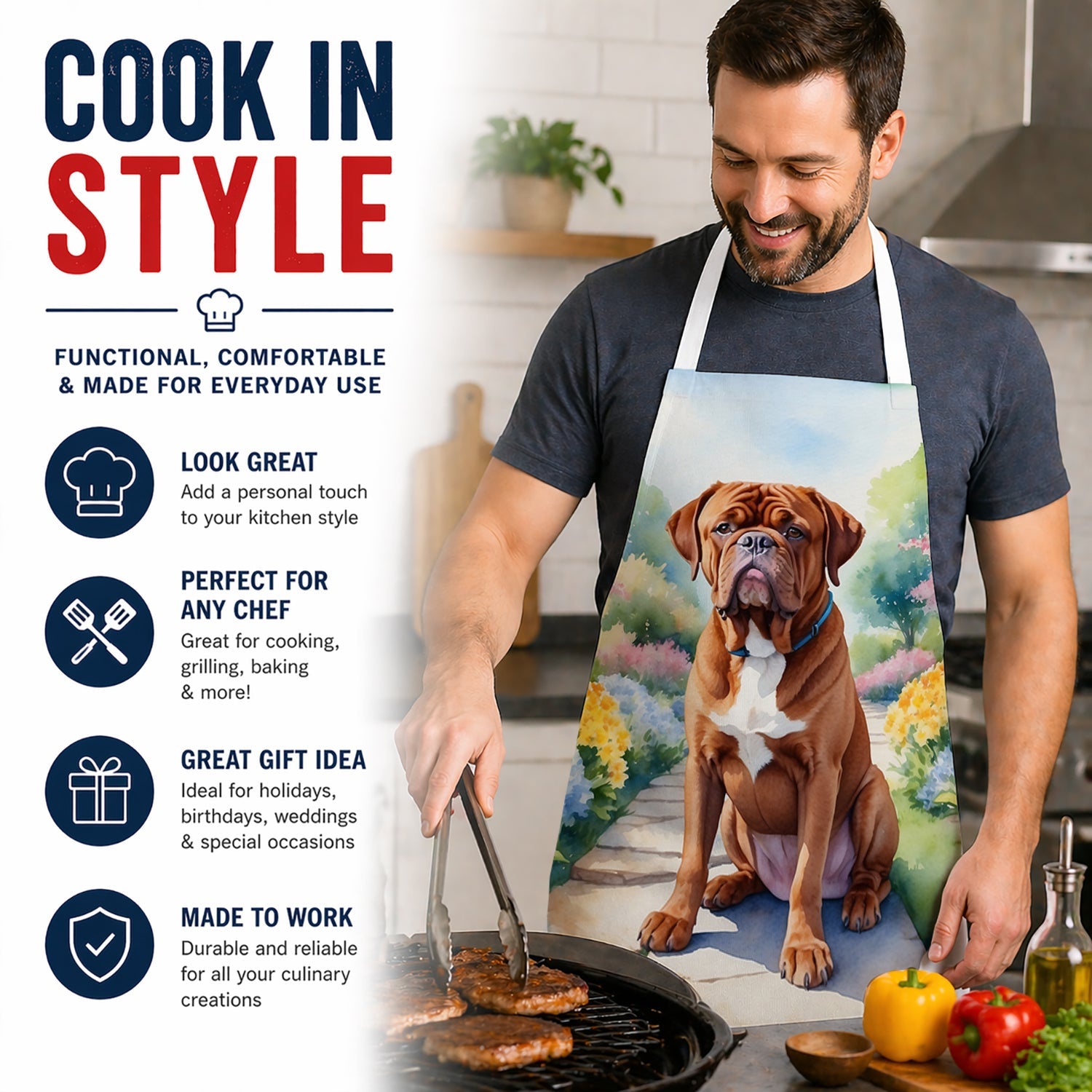 Dogue de Bordeaux Spring Path Apron Cooking Kitchen Server Baking Crafts Gardening for Adult Women Men, Unisex, Large, Multicolor