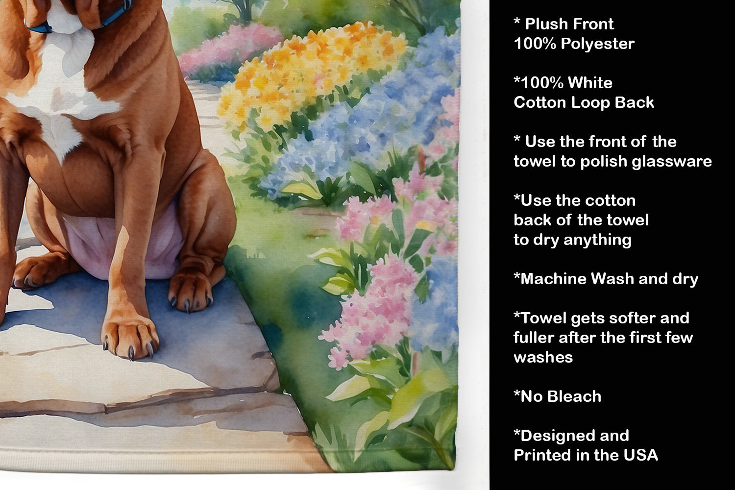 Dogue de Bordeaux Spring Path Kitchen Towel Velour Plush Front and Cotton Loop Back Machine Washable