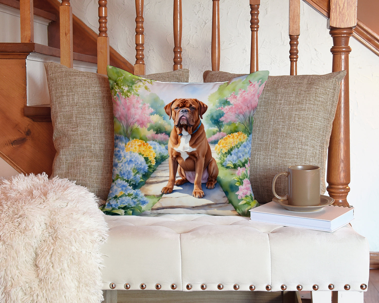 Dogue de Bordeaux Spring Path Decorative Throw Pillow 14x14 Indoor Outdoor Accent Cushion, Fabric Cover with Insert for Sofa, Bed, Porch & Living Room