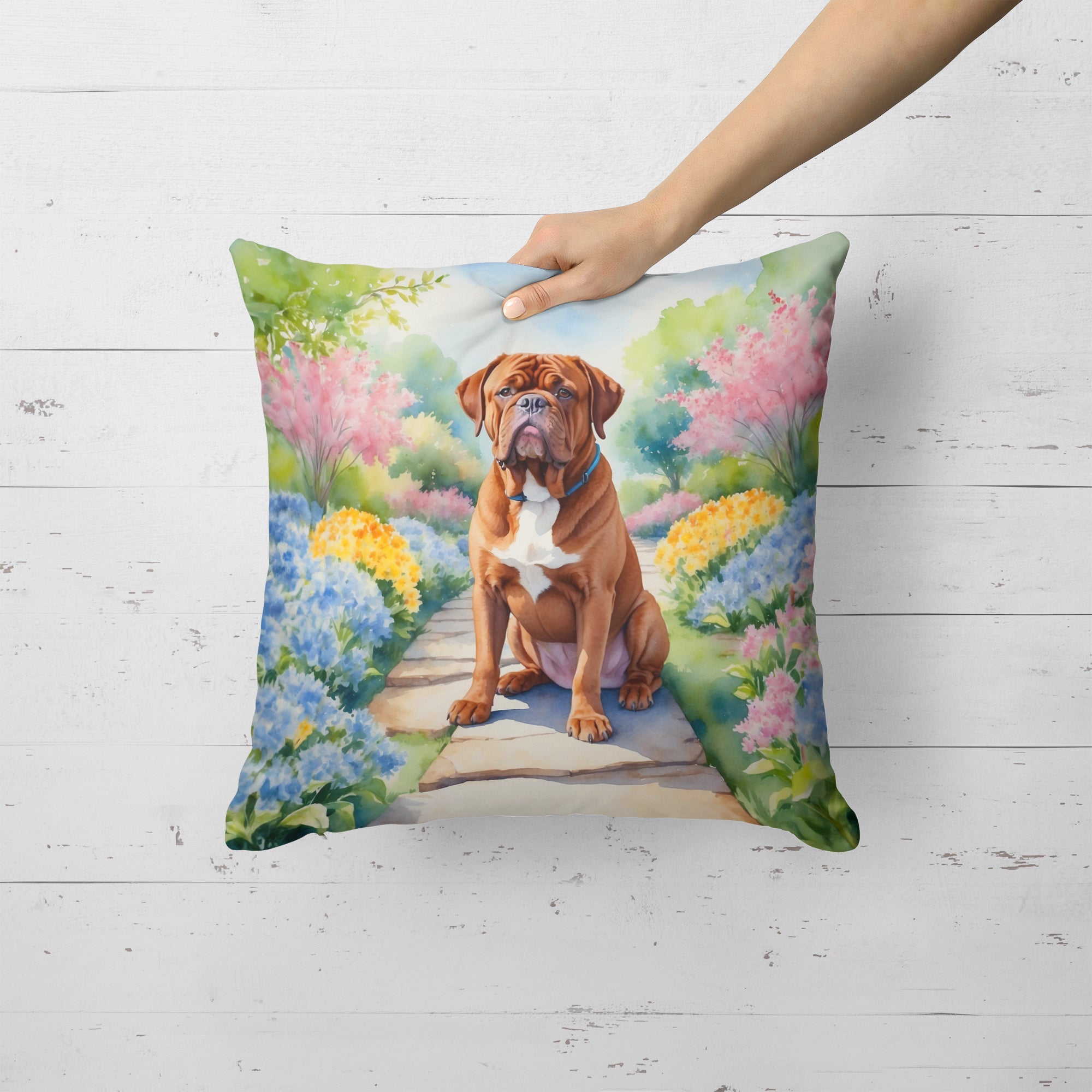 Dogue de Bordeaux Spring Path Decorative Throw Pillow 18x18 Indoor Outdoor Accent Cushion, Fabric Cover with Insert for Sofa, Bed, Porch & Living Room