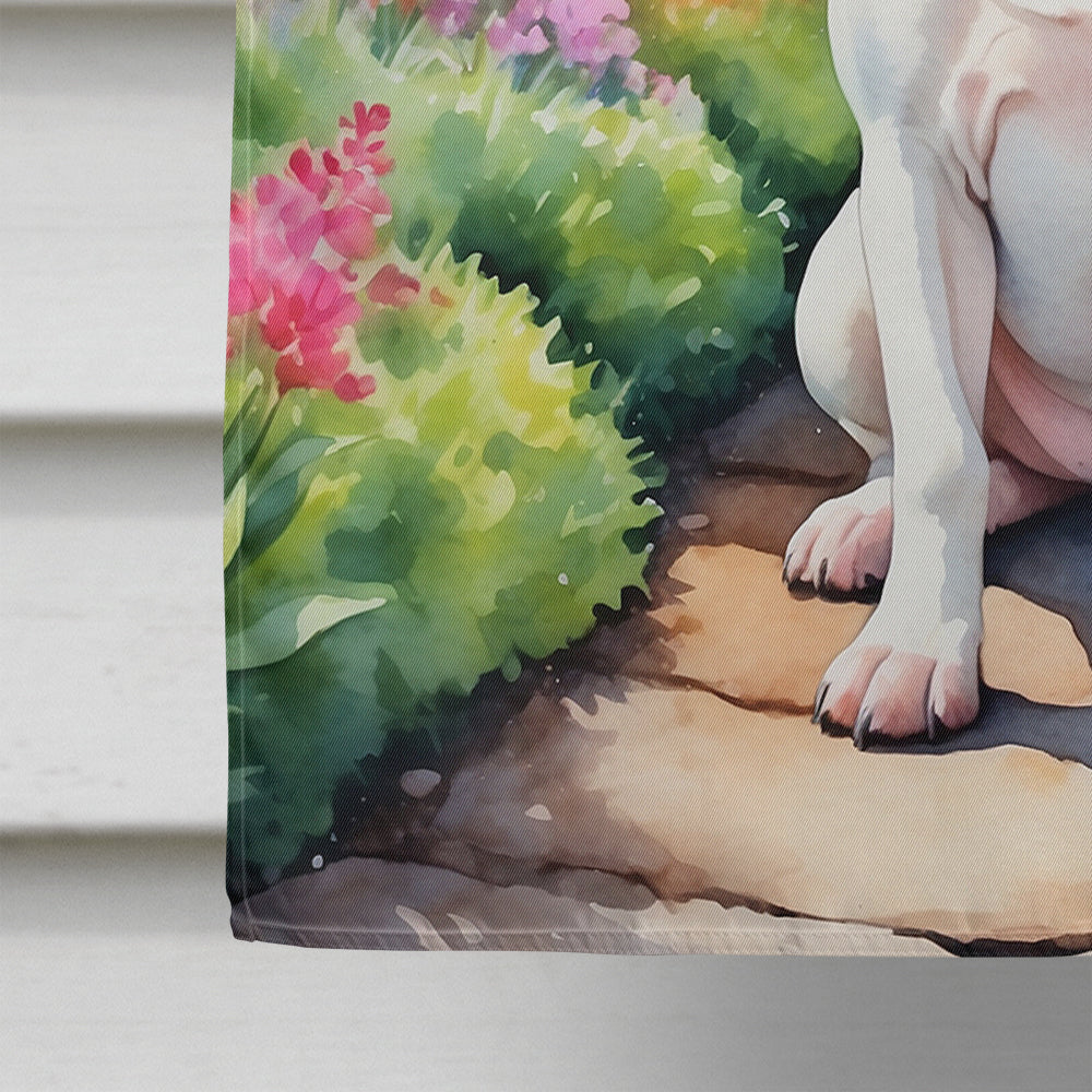 English Bull Terrier Spring Path House Flag 28x40 Porch Sleeve Pole Decorative Outside Yard Banner Artwork Wall Hanging, Polyester